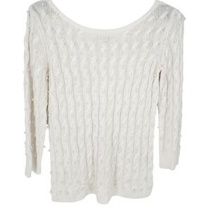 Premise White Cable Knit Sweater Pearl Embellished 3/4 Sleeve Scoop Neck Large